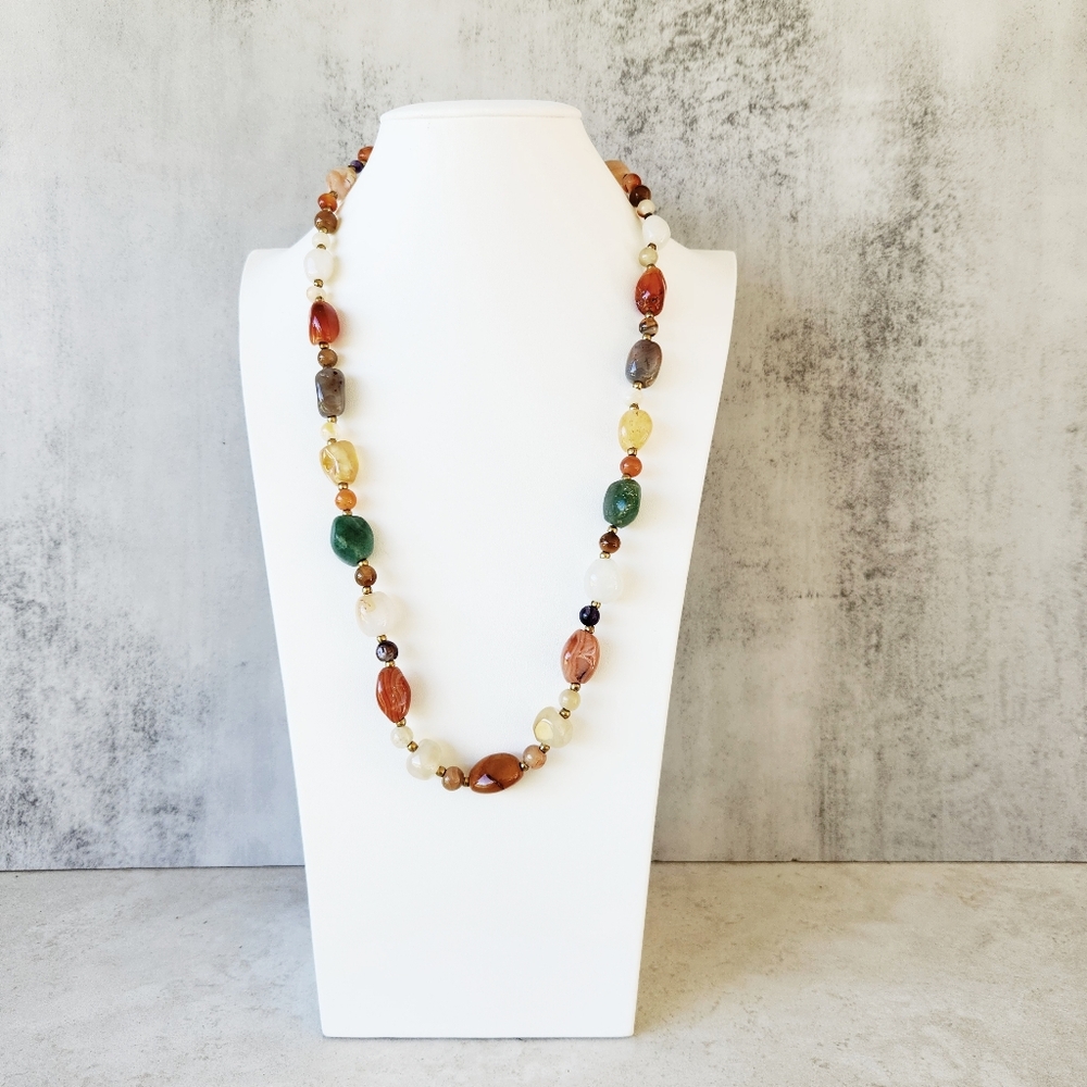 Vintage Multi Colored Agate Stone Beggar Beads Long Beaded 24 Inch Necklace